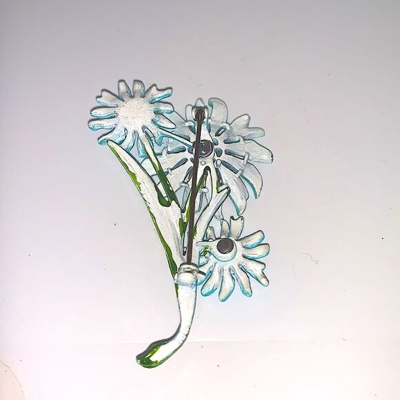 Vintage blue metallic enamel floral brooch pin- mid century - Picture 3 of 8